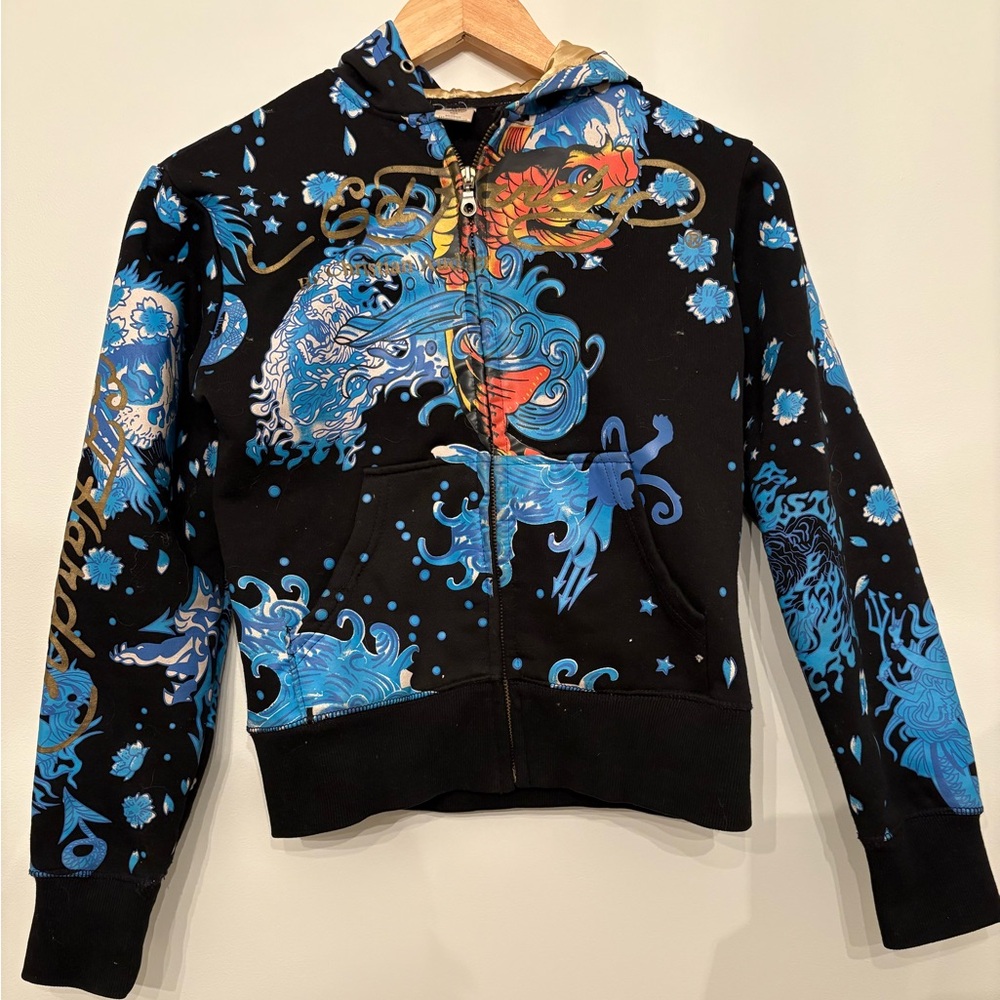 Vtg Ed Hardy Christian Audigier Koi Fish Wave Mermaid Print Zip Hoodie Small Boy